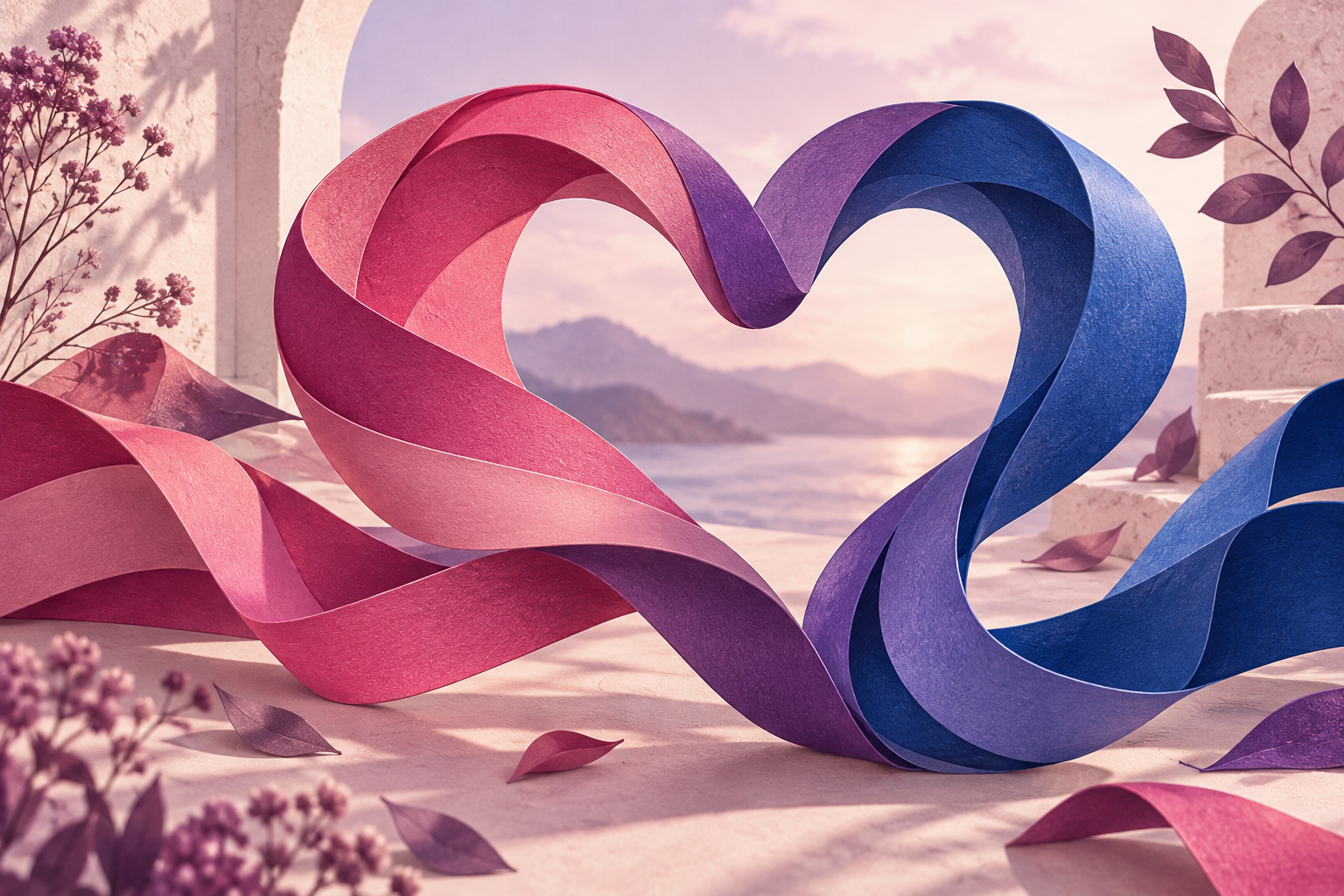 flowing paper ribbons in bisexual pride pink purple and blue forming an open heart, refined tactile illustration
